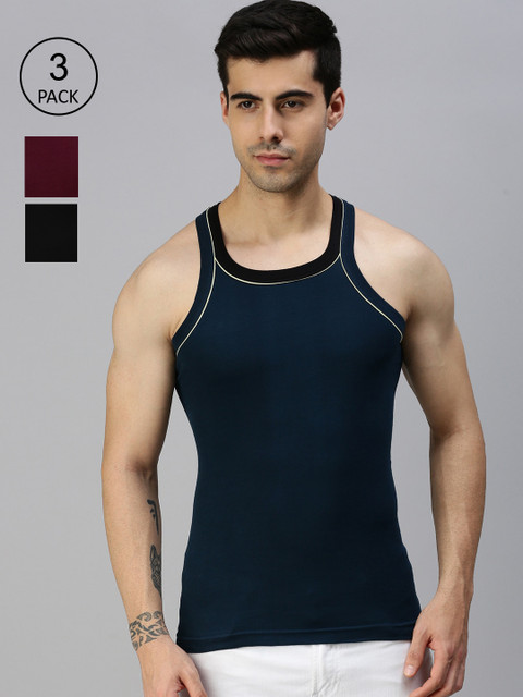 

Lux Cozi Men Pack of 3 Grey Solid Pure Cotton Gym Vests, Blue