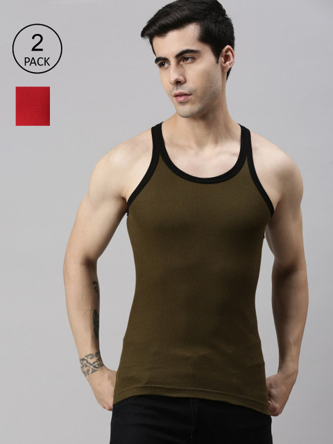 

Lux Cozi Men Plus Size Pack Of 2 Olive & Red Solid Organic Cotton Innerwear Gym Vests