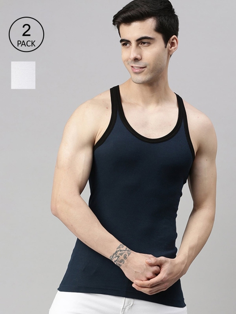 

Lux Cozi Men Pack Of 2 Blue & White Solid Pure Cotton Gym Vests