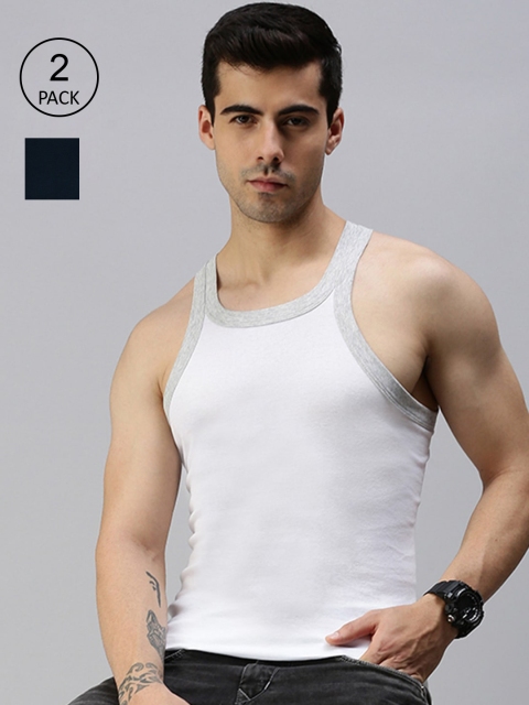 

Lux Cozi Men Pack of 2 Blue & White Solid Pure Cotton Gym Vests