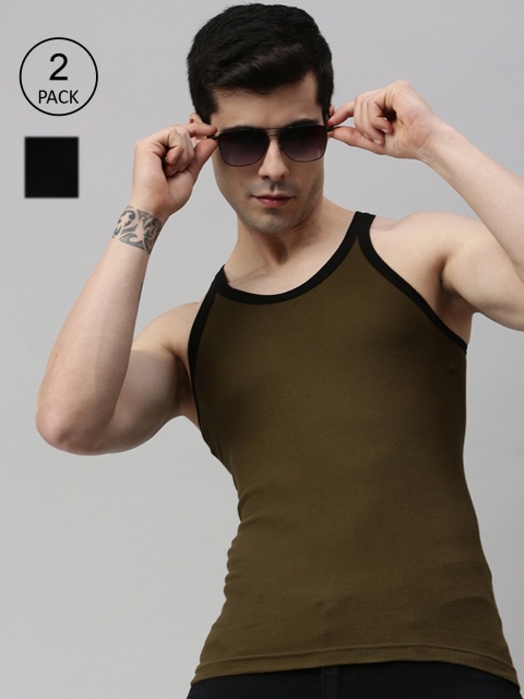 

Lux Cozi Men Pack Of 2 Black & Olive Green Solid Organic Cotton Innerwear Vests