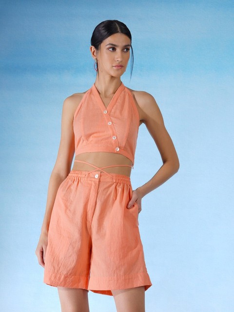 

blue hour Women Peach Cololured Solid Top With Shorts
