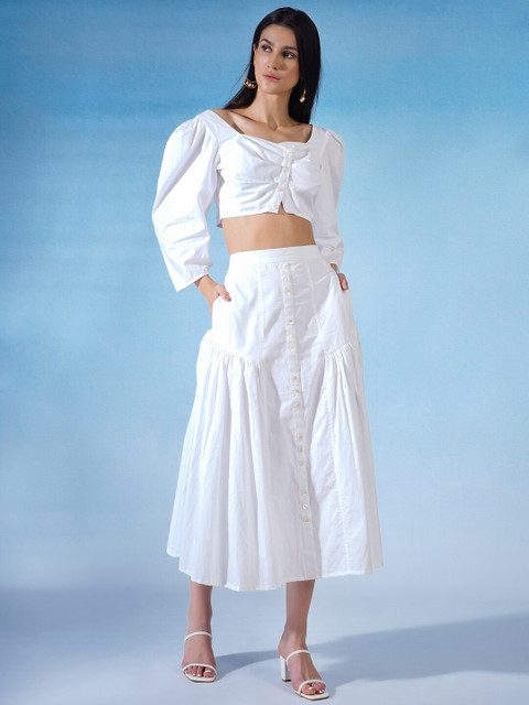 

blue hour Women White Top with Skirt Co-Ords Set