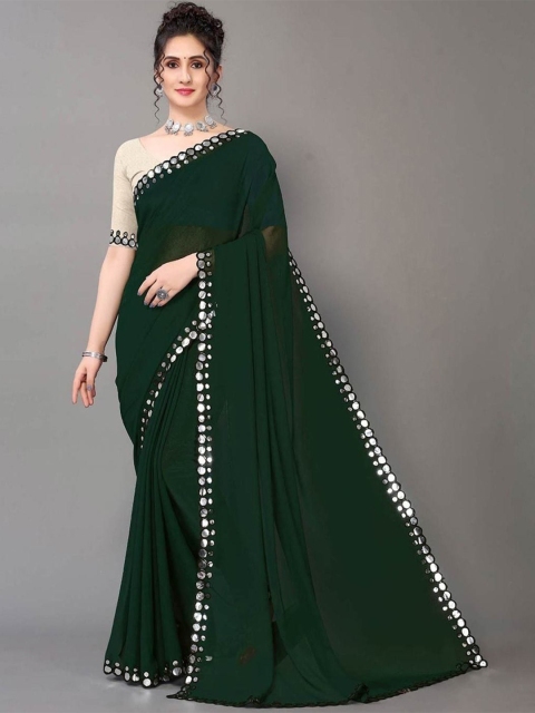 

DITISA FASHION Green & Silver-Toned Mirror Work Saree