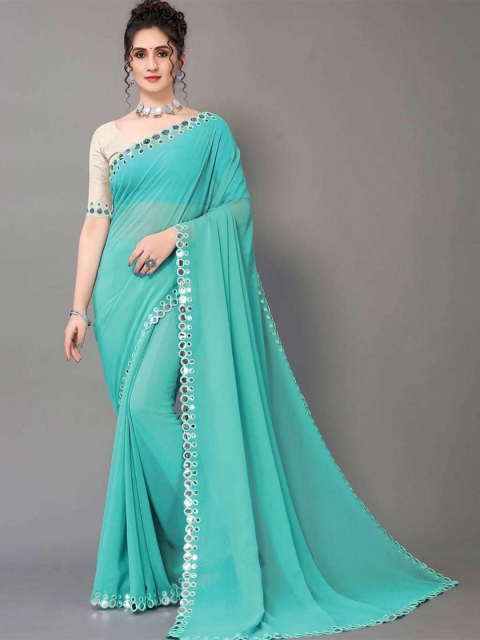 

DITISA FASHION Turquoise Blue & Silver-Toned Mirror Work Saree