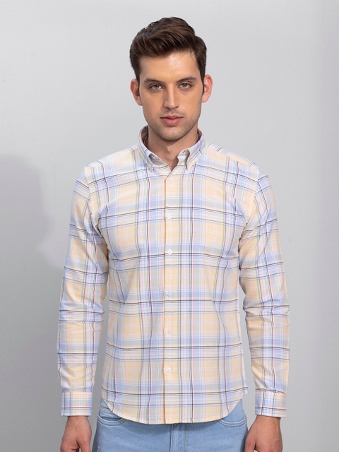 

Snitch Men Peach-Coloured Slim Fit Tartan Checked Cotton Casual Shirt