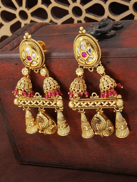 

I Jewels Maroon & Gold Plated Contemporary Drop Earrings