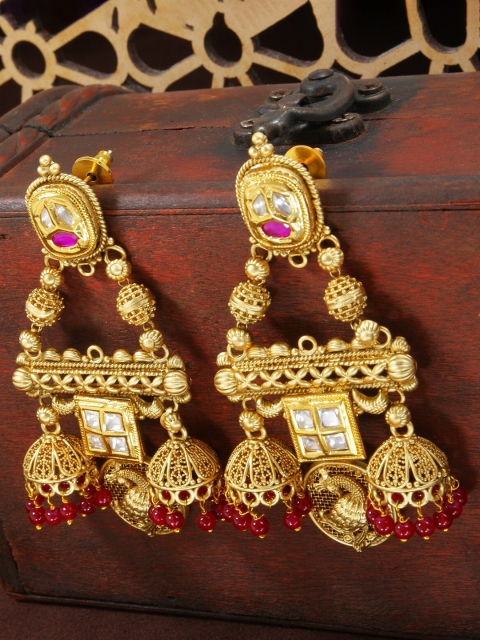 

I Jewels Gold-Toned & Pink Contemporary Jhumkas Earrings