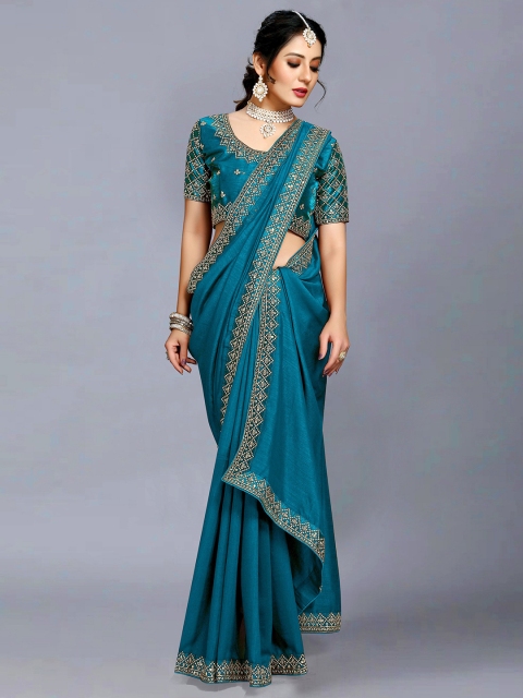 

DITISA FASHION Blue & Gold-Toned Embellished Beads and Stones Saree