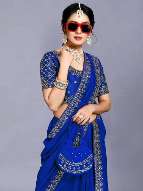 

DITISA FASHION Blue & Gold-Toned Embellished Beads and Stones Saree
