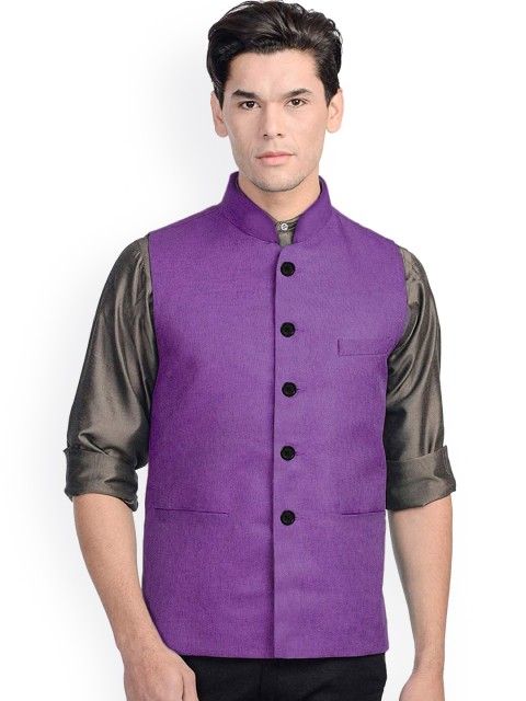 

Vastraa Fusion Men Purple Solid Woven Nehru Jacket