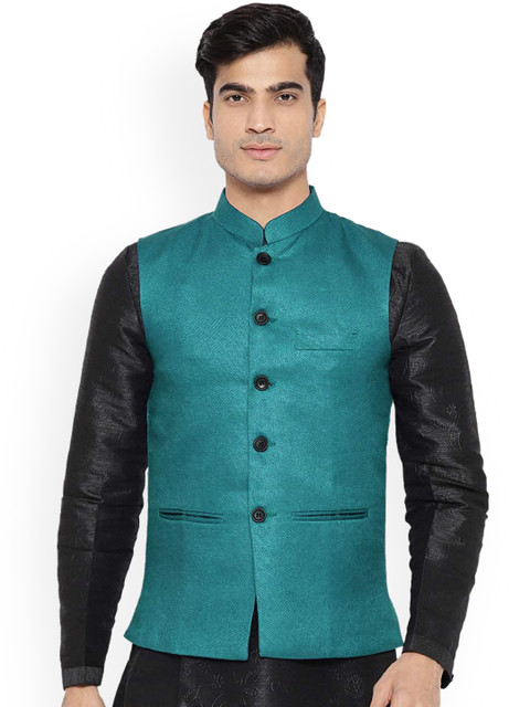 

Vastraa Fusion Men Green Solid Jute Cotton Nehru Jackets