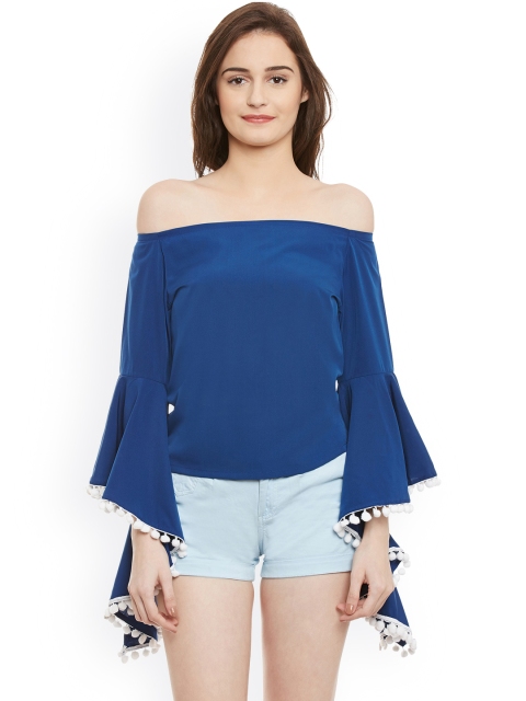 

Popnetic Women Blue Solid Bardot Top