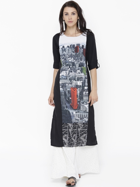 

Vishudh Women Black & White Printed Straight Kurta