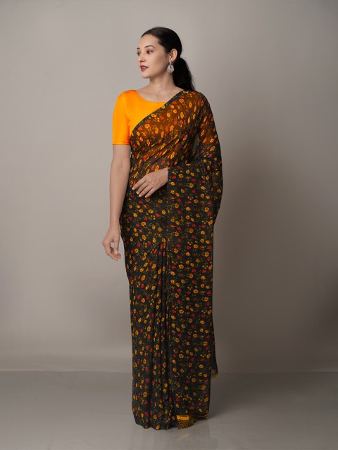 

Unnati Silks Black & Yellow Floral Block Print Saree