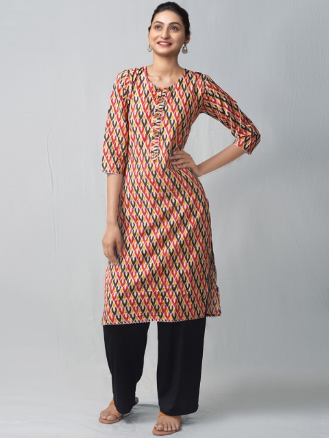 

Unnati Silks Women Pink & Black Cotton Geometric Printed Floral Handloom Kurta