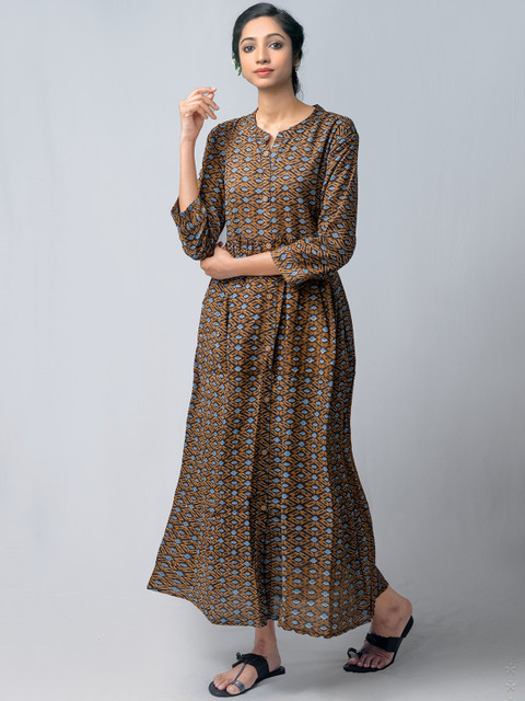 

Unnati Silks Women Brown Ethnic Motifs Printed Pure Ikat Cotton A-Line Ethnic Dress