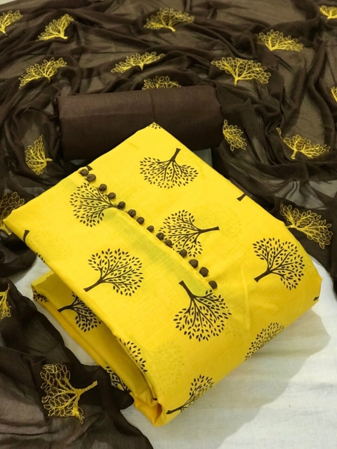 

MORLY Yellow & Brown Printed Unstitched Dress Material