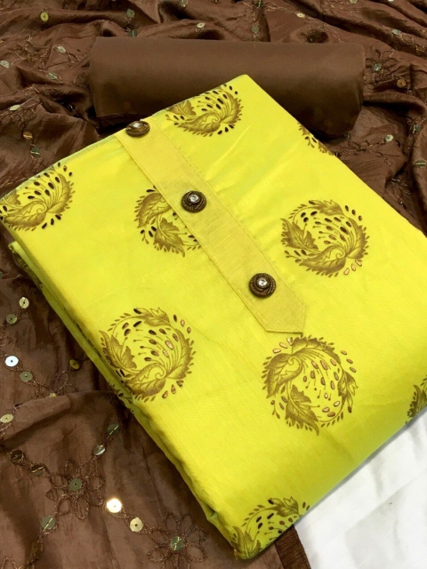 

MORLY Yellow & Brown Printed Unstitched Dress Material