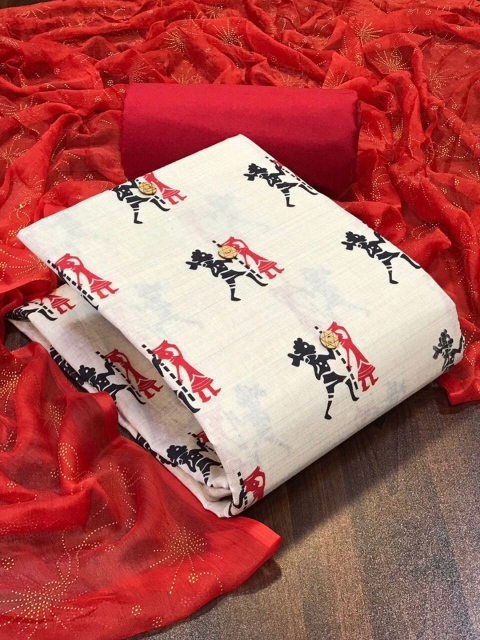 

MORLY Women White & Red Printed Unstitched Dress Material
