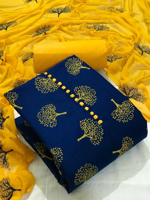 

MORLY Navy Blue & Yellow Printed Unstitched Dress Material