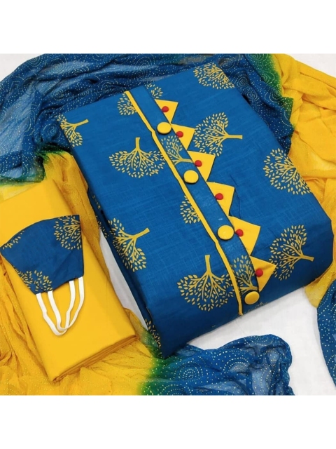 

MORLY Blue & Mustard Printed Unstitched Cotton Dress Material