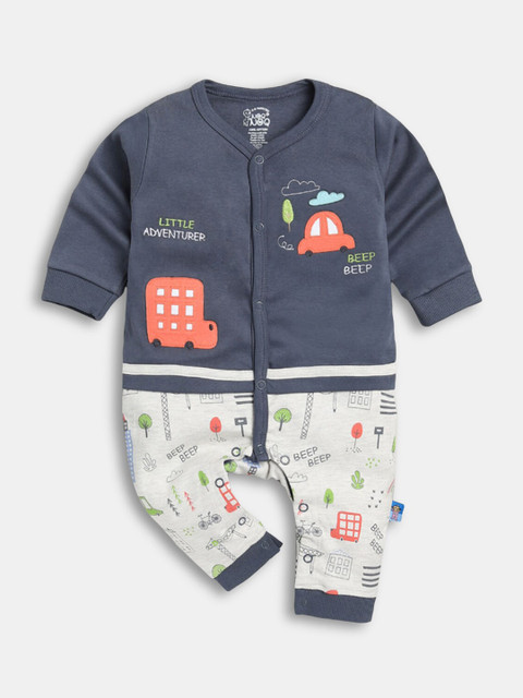 

Hopscotch Infant Boys Grey & White Graphic Printed Pure Cotton Rompers
