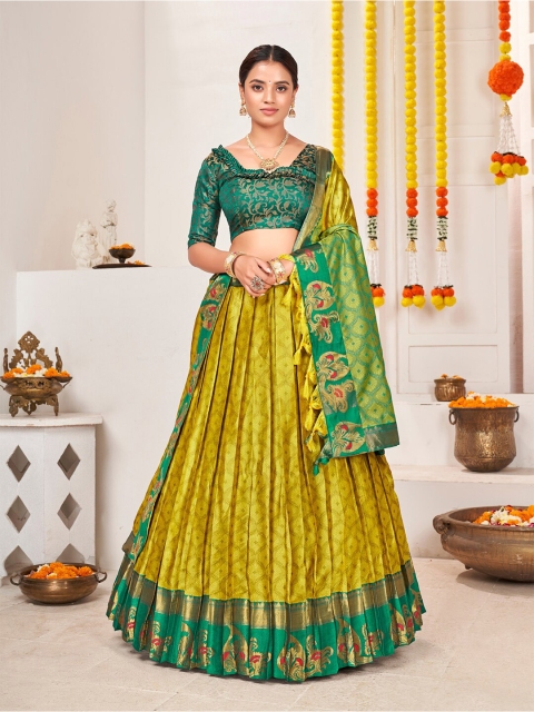 

SHOPGARB Green & Mustard Semi-Stitched Lehenga & Unstitched Blouse With Dupatta