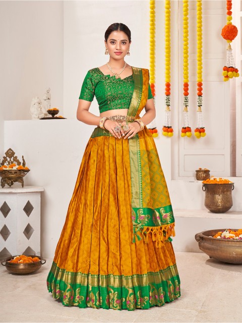 

SHOPGARB Yellow & Green Semi-Stitched Lehenga & Unstitched Blouse With Dupatta