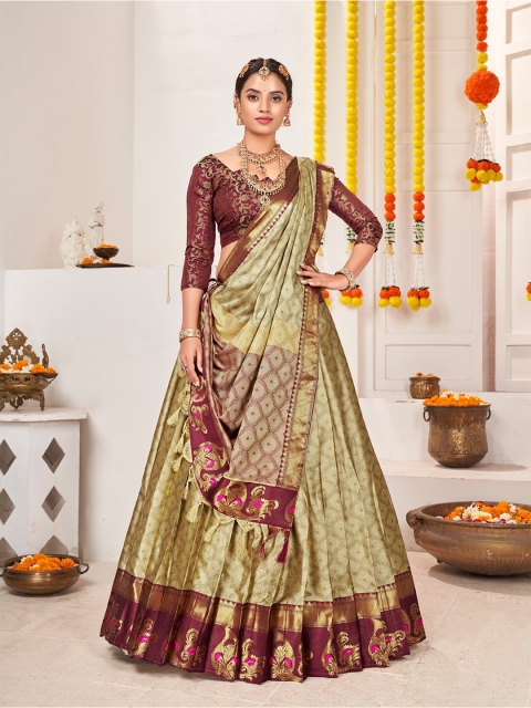 

SHOPGARB Beige & Maroon Semi-Stitched Lehenga & Unstitched Blouse With Dupatta