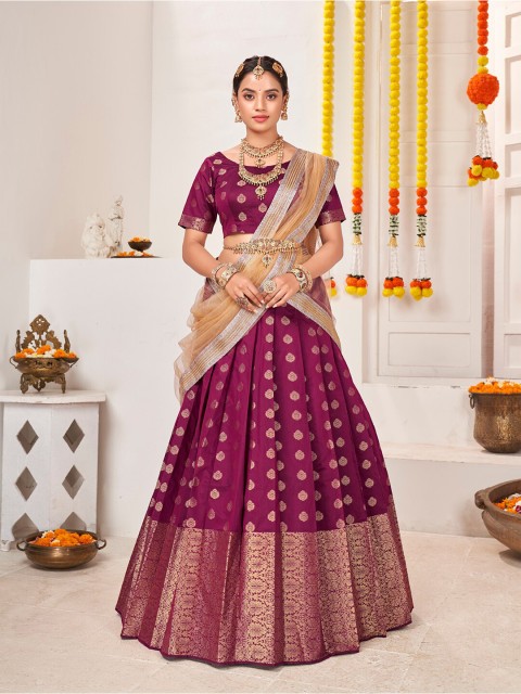 

SHOPGARB Purple & Gold-Toned Semi-Stitched Lehenga & Unstitched Blouse With Dupatta