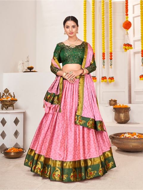 

SHOPGARB Pink & Green Semi-Stitched Lehenga & Unstitched Blouse With Dupatta