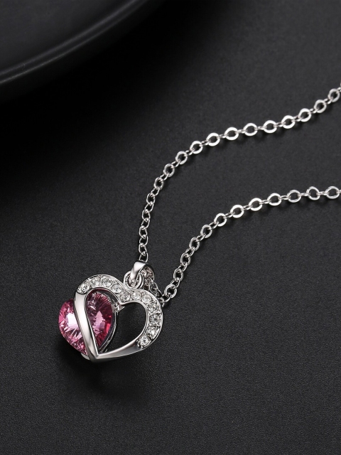 

Designs By Jewels Galaxy Rhodium-Plated Silver-Toned & Pink Crystals-Studded Pendant With Chain