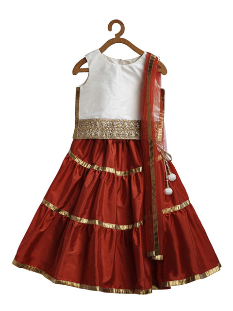 

A.T.U.N All Things Uber Nice Girls White & Red Lehenga Choli with Dupatta
