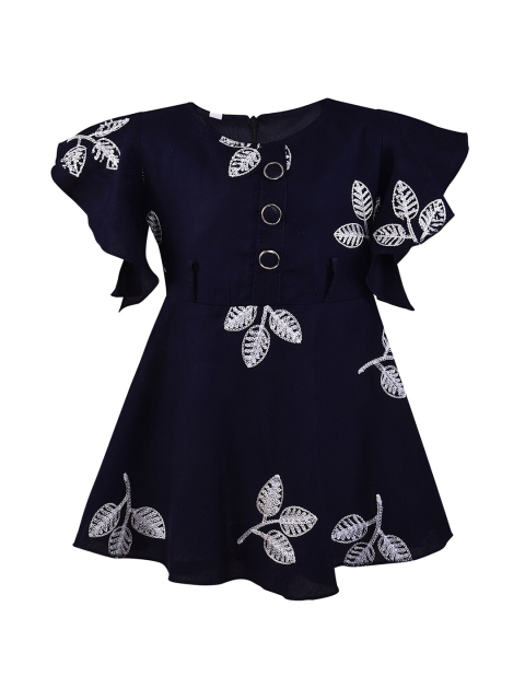 

Wish Karo Kids Girls Navy Blue And White Floral Embroidered Flared Sleeves Dress