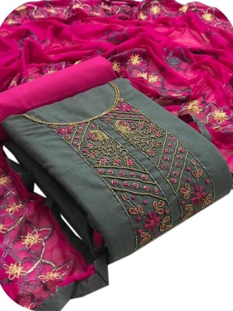 

MORLY Grey & Pink Embellished Unstitched Dress Material