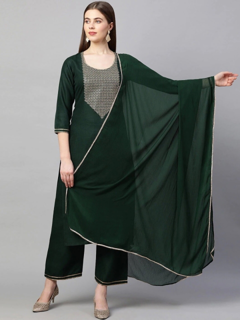 

MORLY Women Green Embroidered Kurta with Trousers & With Dupatta