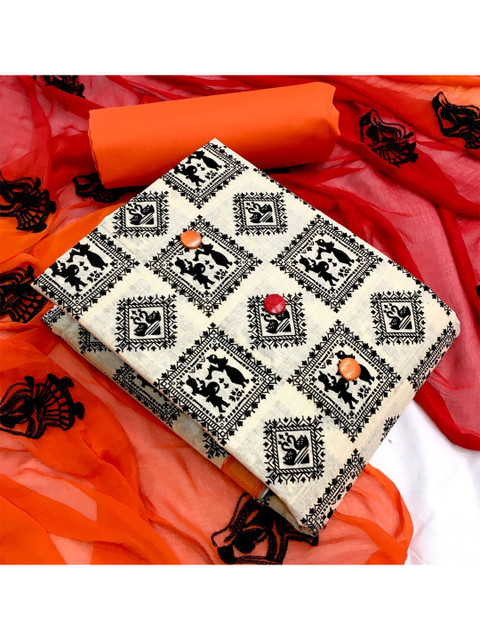 

MORLY Orange & Cream-Coloured Printed Cotton Unstitched Dress Material