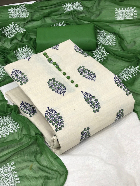 

MORLY Green & Cream-Coloured Printed Unstitched Dress Material