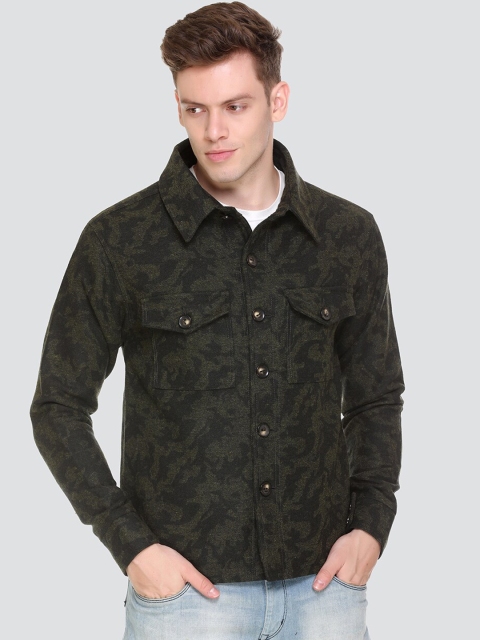 

HONNETE Men Olive Green Camouflage Acrylic Lightweight Denim Jacket