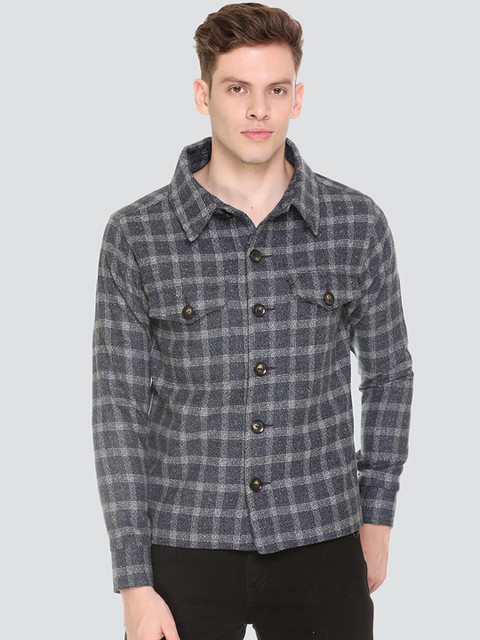 

HONNETE Men Blue & Grey Checked Acrylic Lightweight Tailored Jacket