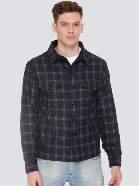 

HONNETE Men Navy Blue Checked Acrylic Lightweight Tailored Jacket