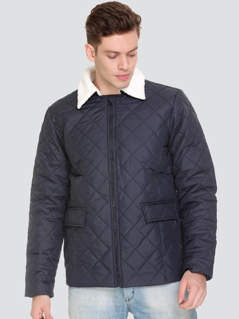 

HONNETE Men Navy Blue White Checked Lightweight Outdoor Quilted Jacket