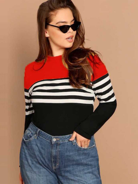 

JUNEBERRY Women Red & White Striped T-shirt