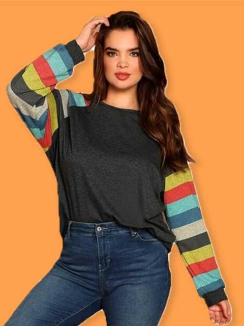

JUNEBERRY Women Grey & Blue Striped T-shirt
