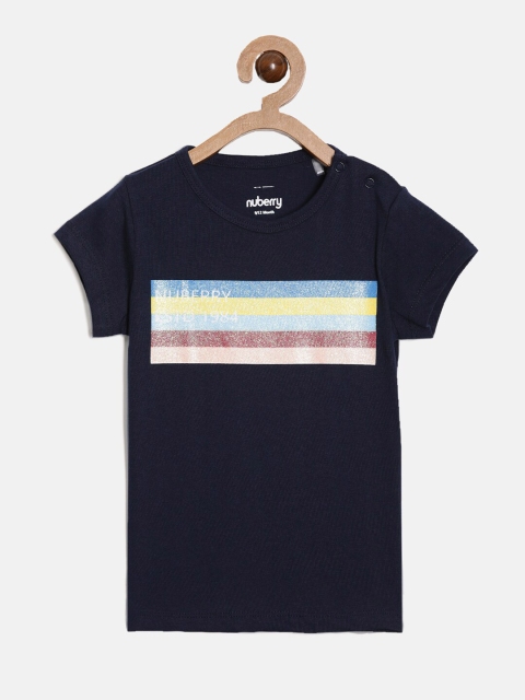 

Nuberry Girls Blue Colourblocked Pure Cotton T-shirt