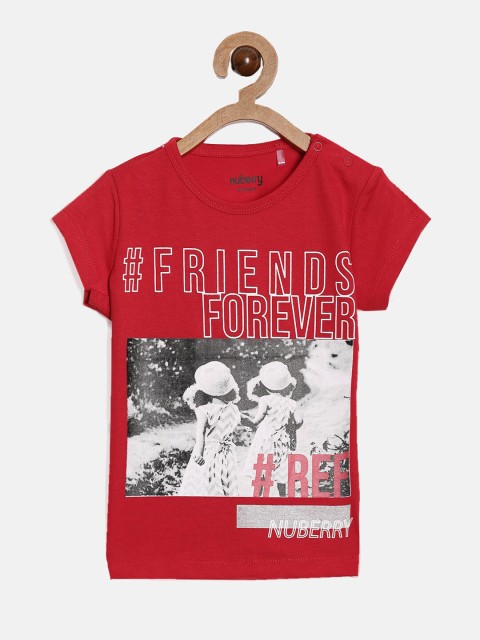 

Nuberry Girls Red Printed Cotton T-shirt