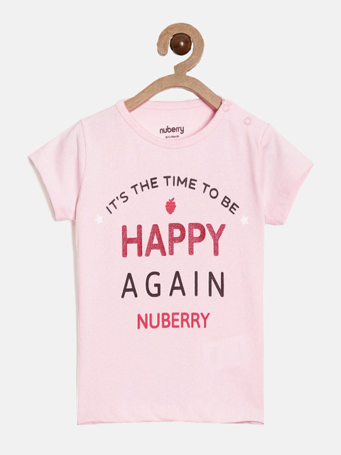 

Nuberry Girls Pink Typography Printed Cotton T-shirt