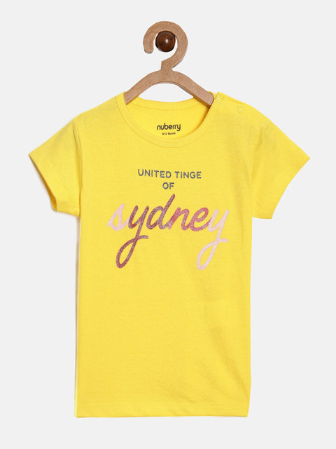

Nuberry Girls Yellow Typography Printed T-shirt