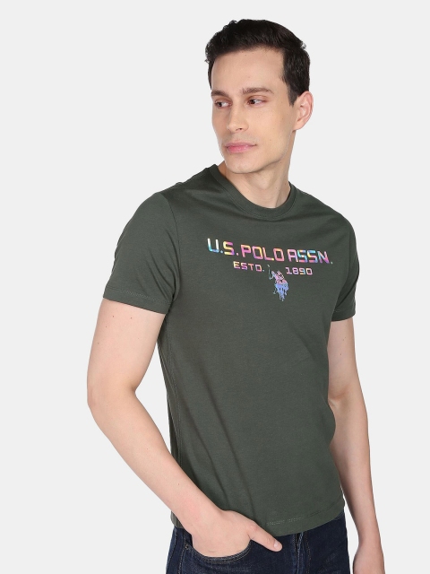

U S Polo Assn Denim Co Men Olive Green Typography Printed Cotton T-shirt